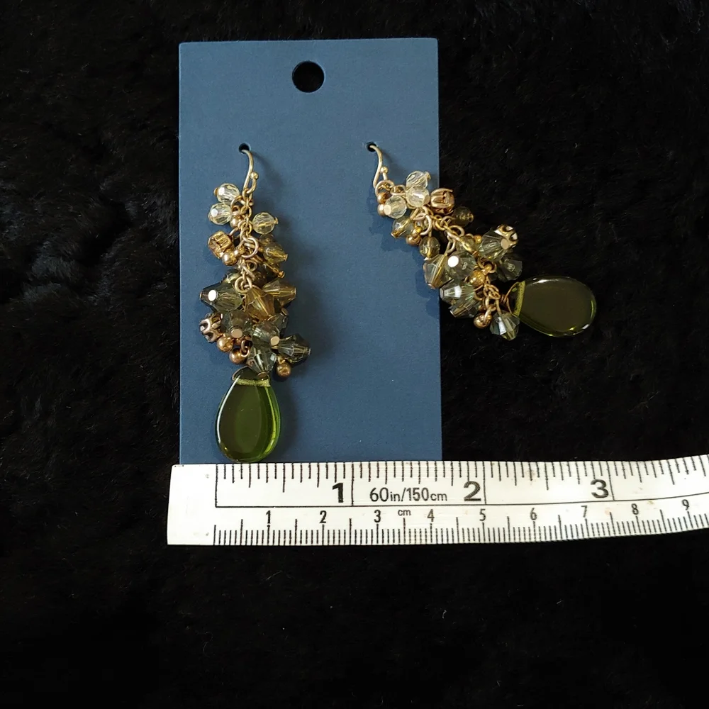 Vintage Cluster Earrings, Green/Shades Of Green, Clear Beads